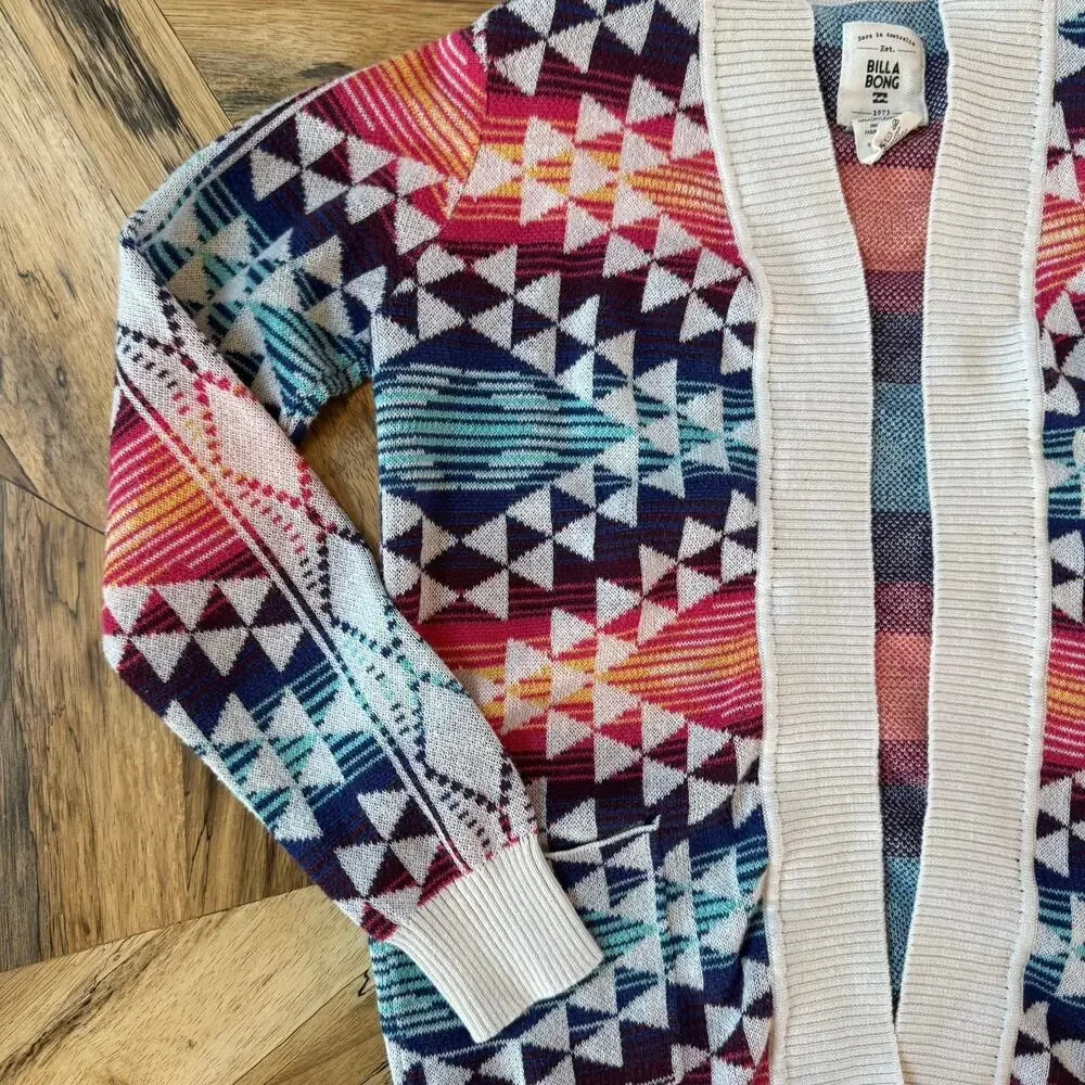 Billabong Girls L 12/14 Southwestern Aztec Geometric Knit Open Front Cardigan